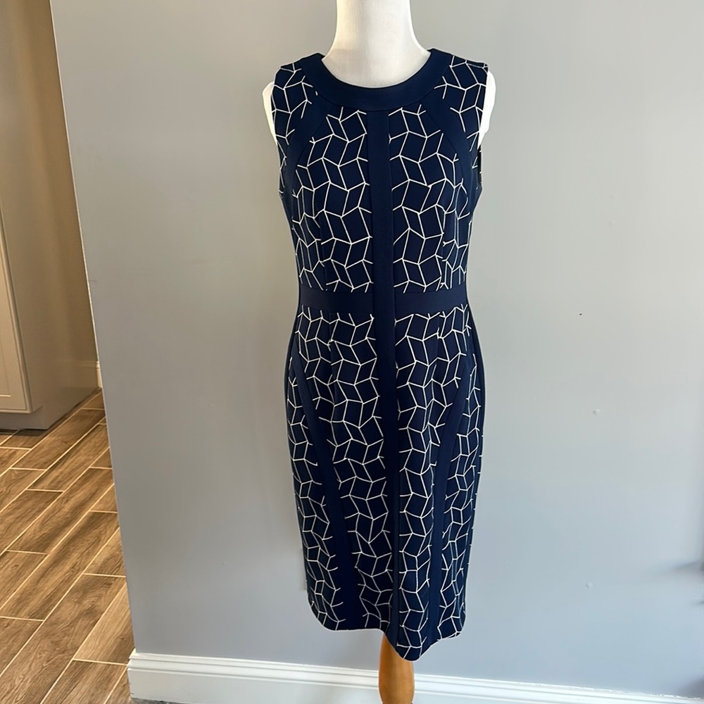 Navy Geometric Print Work Dress